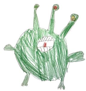 Kinderzeichnung eines gr&uuml;nen, ein&auml;ugigen Monsters